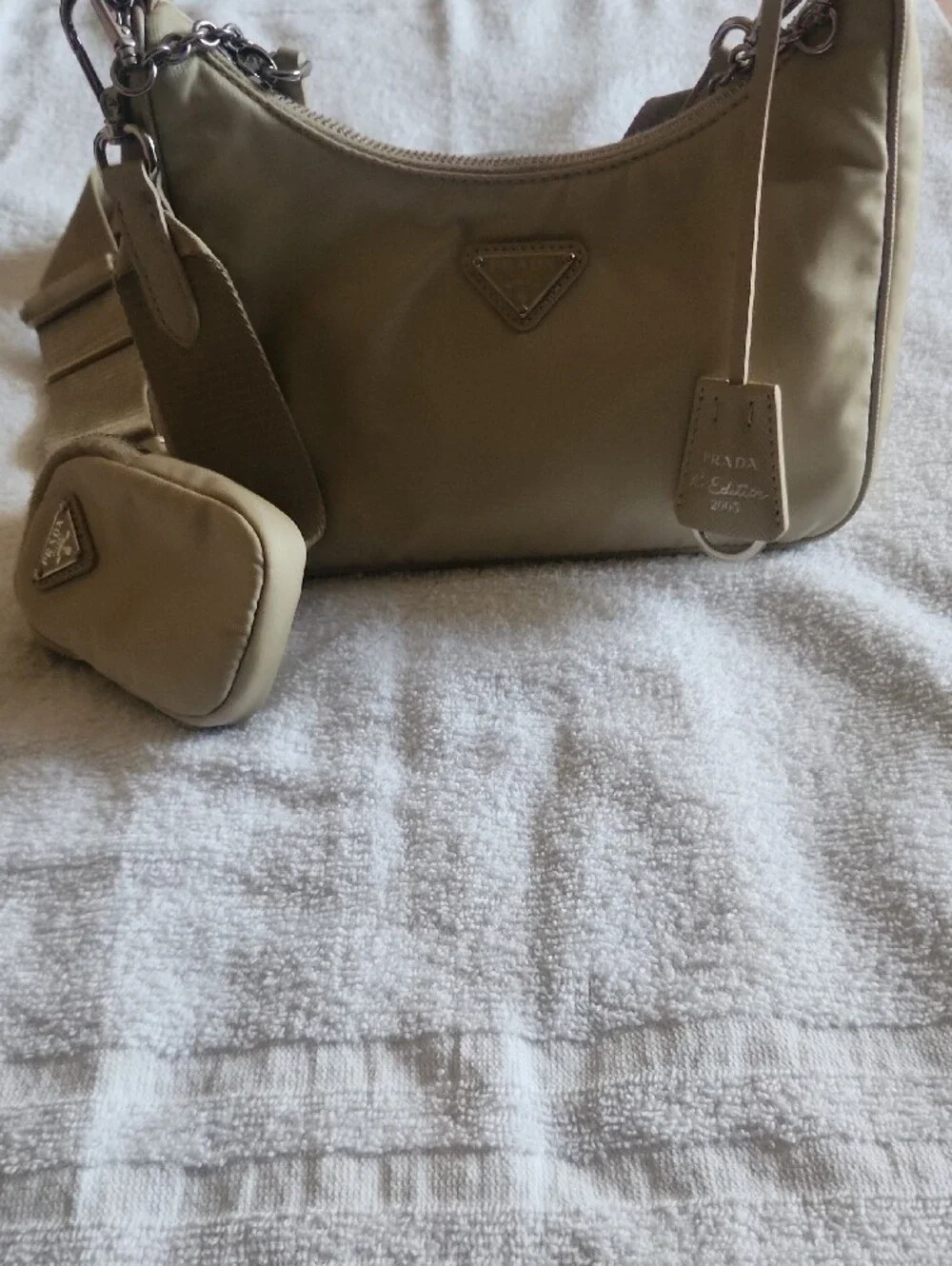 Prada Light Beige Nylon Shoulder Bag with Silver Chain